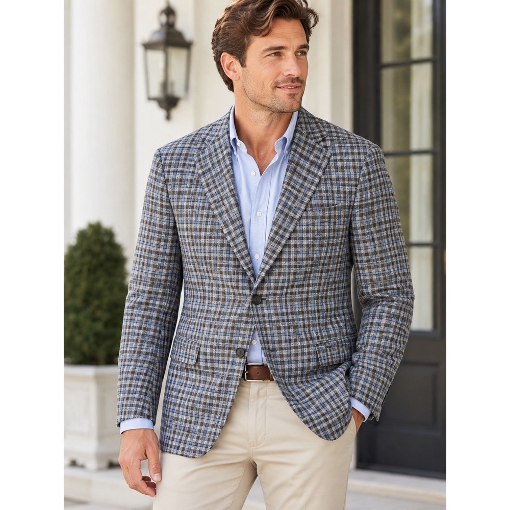 Ermenegildo Zegna DUO Blue Plaid Linen Silk Street Jacket Blazer Switzerland